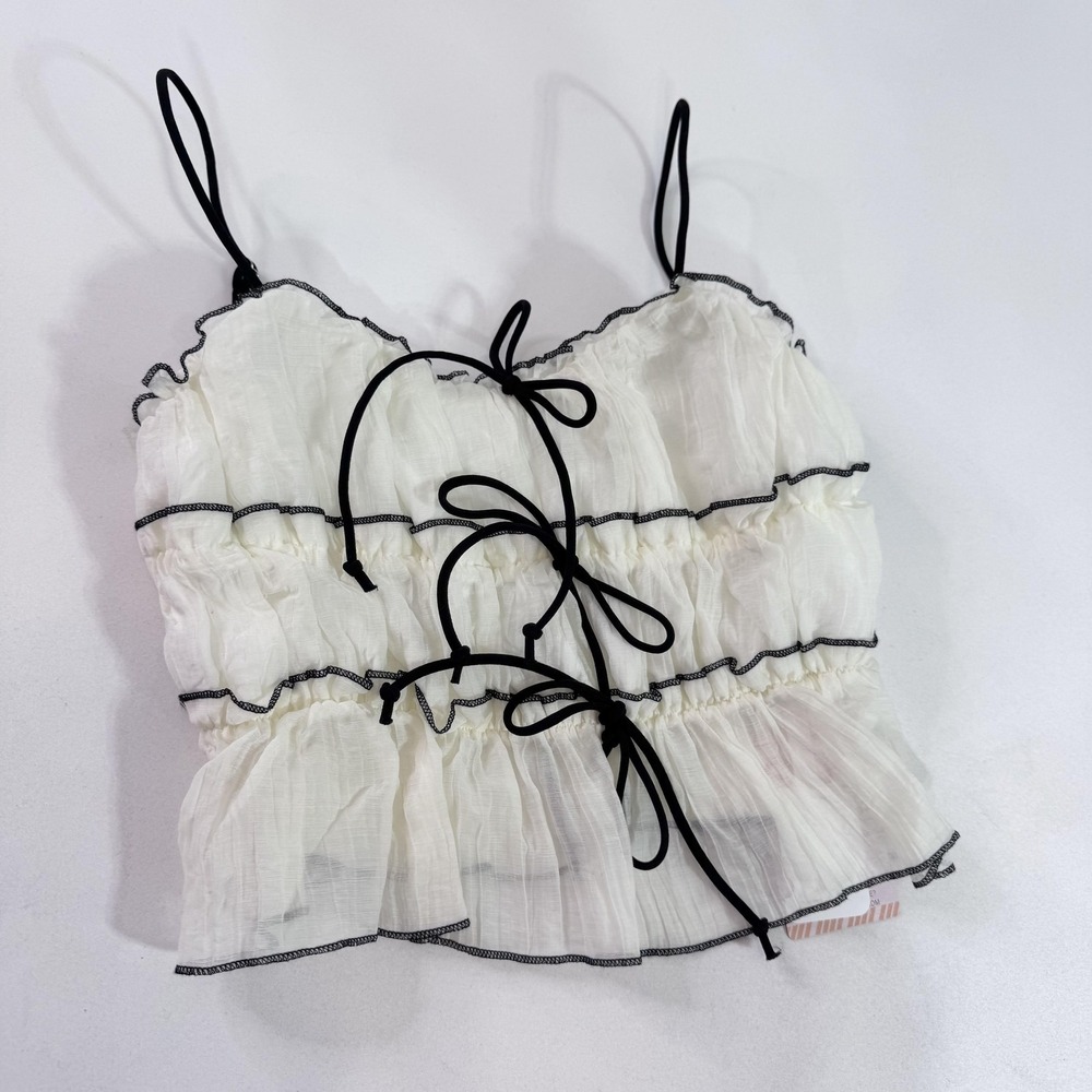 Sunfere Tank Top Womens Medium White Ruffle Maidens Tie Cami Coquette Festival